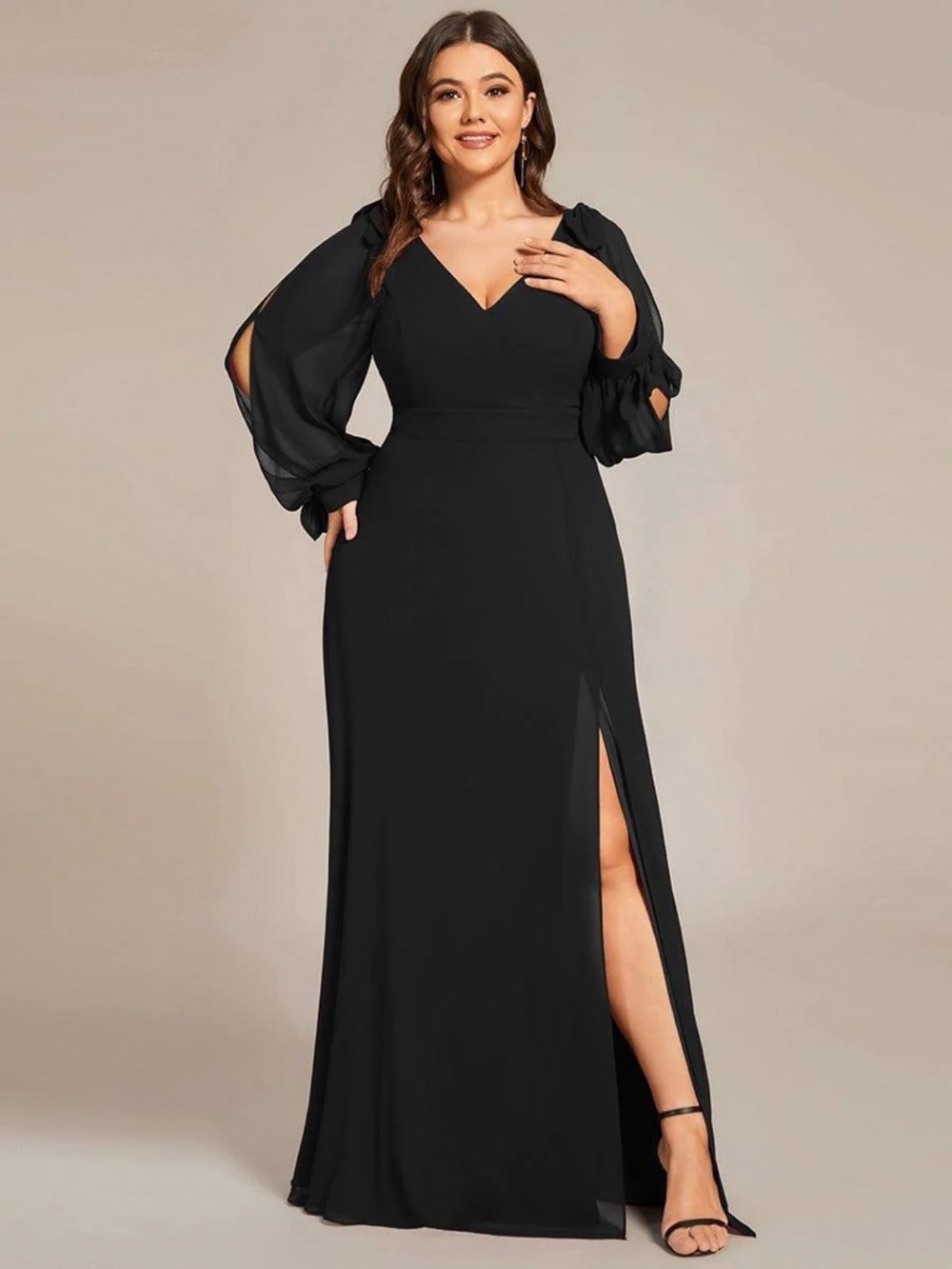 Ever Pretty Black V-Neck Long Sleeve Evening Gown with Sheer Balloon Sleeves